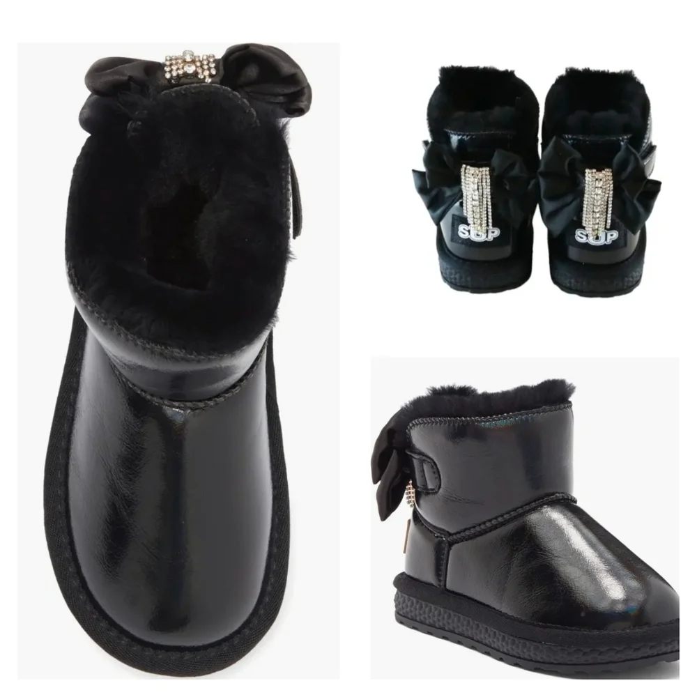 Metallic Black Faux Fur Rhinestone Tassel Bow Boots
